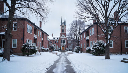Fototapeta premium Snow-covered pathway to university between brick building