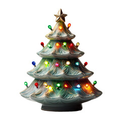 A ceramic Christmas tree with multicolor lights, featuring a classic design and vibrant holiday charm, isolated on a white background. Perfect as a festive centerpiece. Transparent PNG.