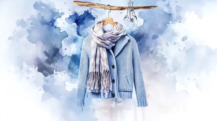 Fototapeta premium Cozy Minimalist Winter Fashion: Light Blue Coat & Scarf on Wooden Hanger - Perfect Poster for Trendy Interiors