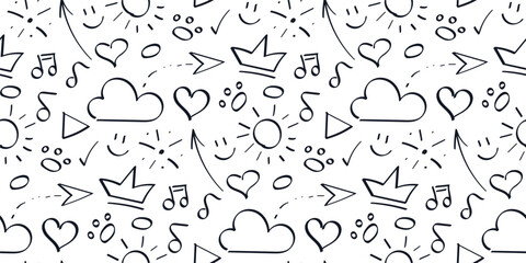 Fototapeta premium Doodle Pattern Outline funny Symbols weather, arrows and heart. Seamless Print of cheerful Signs - notes, paws. Contour Sun and Cloud. Hand drawn fireworks, Positive, joy, smile. Vector illustration