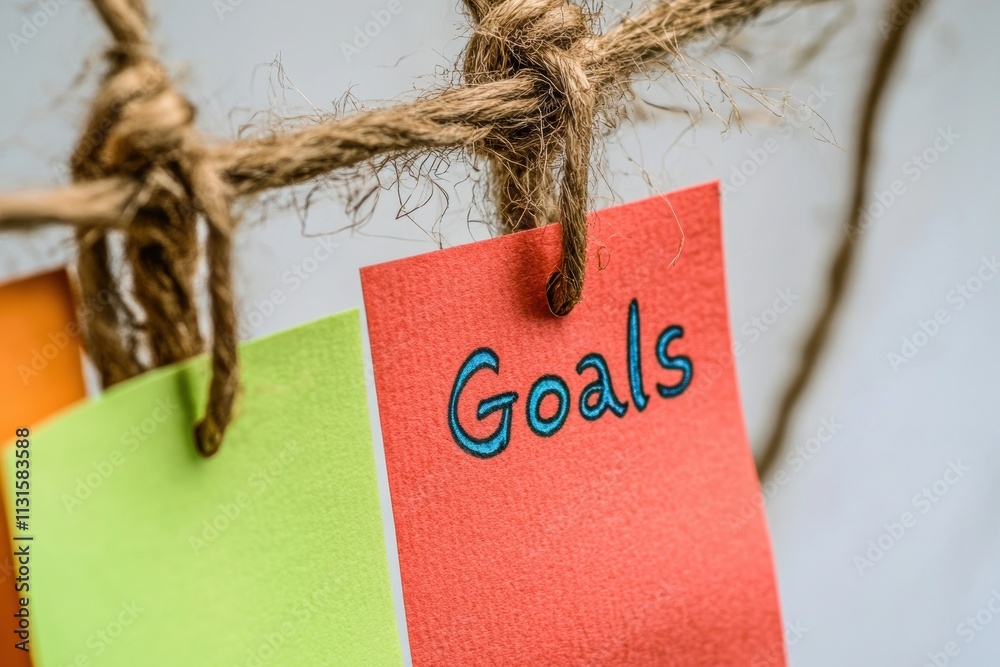 Poster This colorful image features an array of vibrant sticky notes carefully hung on twine, vividly illustrating the personal goals, aspirations, and dreams that individuals all over the world hold dear