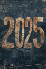 Rusty numerals, two thousand twenty-five, dark background.