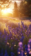 Obraz premium Lavender field at sunset with golden light illuminating blooming flowers