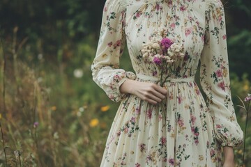 Floral dress, wildflowers held gently, outdoor setting.