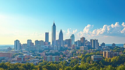 Fototapeta premium Downtown Atlanta Skyline showing several prominent buildings and hotels under a blue sky.\