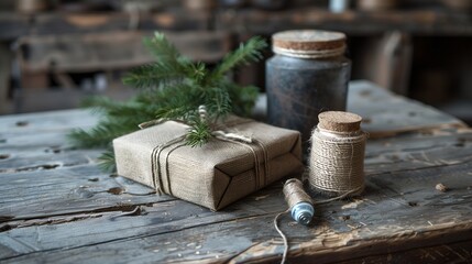Hand crafted gifts on rustic wooden background with Christmas decoration