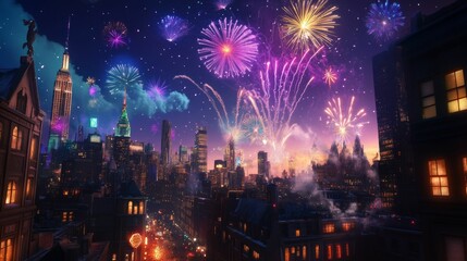 Naklejka premium Night city skyline with vibrant fireworks display.
