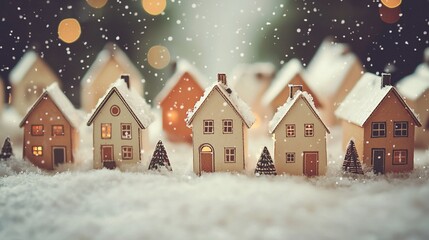 Fototapeta premium Festive miniature village in snowy scene.