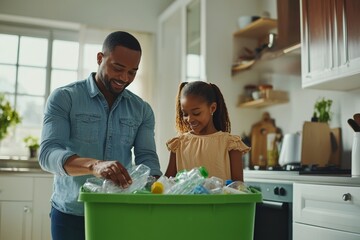 Father and daughter sorting plastic bottles for recycling in a bright kitchen