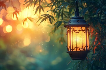 Glowing lantern hangs, foliage backdrop, warm sunset.