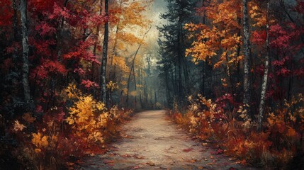 Fototapeta premium Forest path with a mix of red and yellow leaves