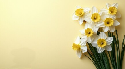 Bright daffodils arranged on a soft yellow background for cheerful spring decor