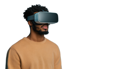 A man wearing virtual reality goggles, exploring digital worlds and experiences isolated on transparent background cutout