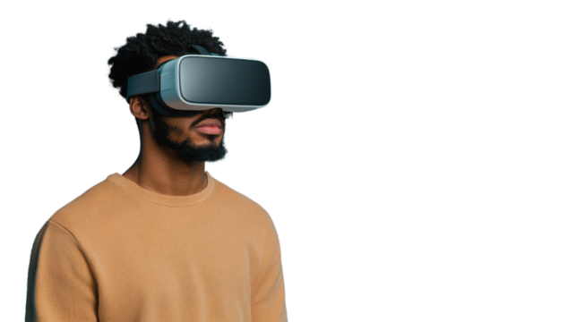 A man wearing virtual reality goggles, exploring digital worlds and experiences isolated on transparent background cutout