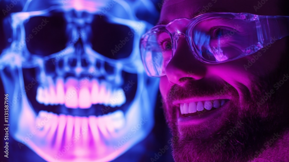 Poster a dentist examines a vivid digital x-ray showing a skull against a colorful backdrop. he wears prote