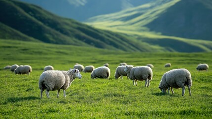 Green pasture with grazing sheep