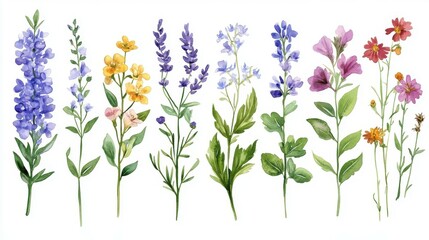 Fototapeta premium Hand drawn vector watercolor set of herbs, wildflowers and spices.