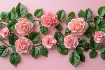 Fototapeta premium Beautiful arrangement of pink roses with green leaves on a soft pink background