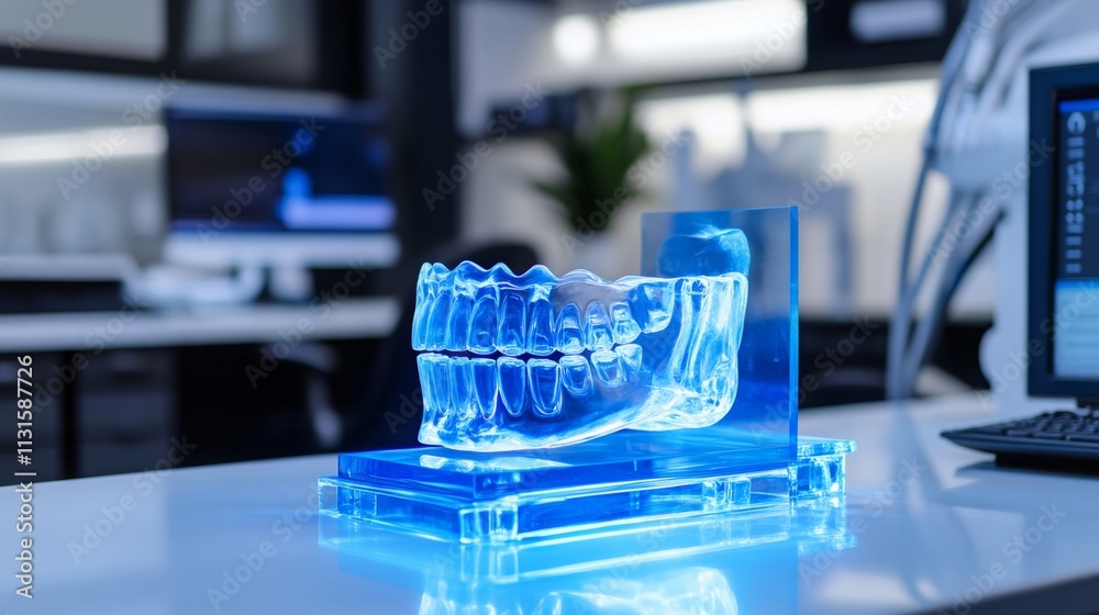 Poster a clear dental model is prominently displayed in a cutting-edge dental clinic. the workspace feature