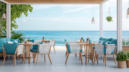 Serene Oceanfront Dining Area with Coastal Decor, Modern Furnishings, and Breathtaking Seaside Views
