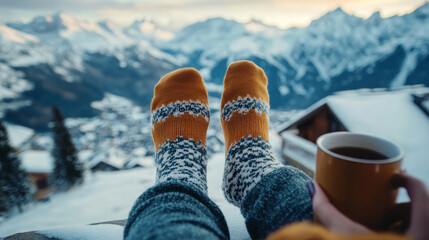 Fototapeta premium Feet in woollen socks by the Alps mountains view. Woman relaxes by mountain view with a cup of hot drink. Close up on feet. Winter and Christmas holidays concept.