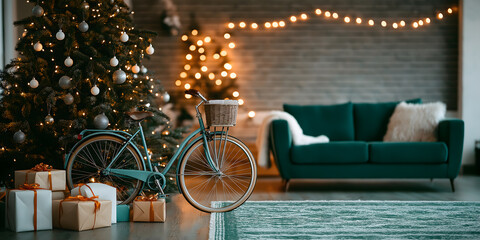 Gift bike leaning against a decorated Christmas tree with wrapped gifts underneath, creating a cozy and festive atmosphere in a bright living room. The concept of a gift under the Christmas tree.
