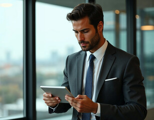 Fototapeta premium Modern business man in formalwear using digital tablet while standing near window in the office