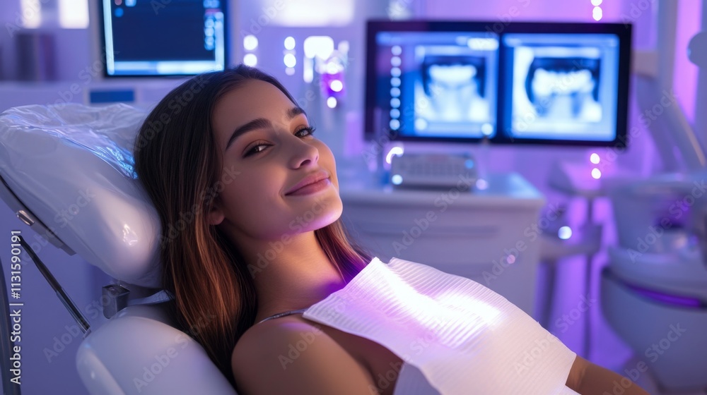 Aufkleber a young patient smiles while seated in a high-tech dental clinic. the environment is illuminated wit