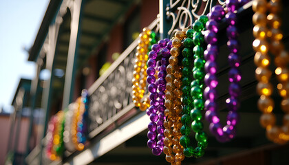 Obraz premium Colorful Mardi Gras beads hanging on a balcony with a blurred background