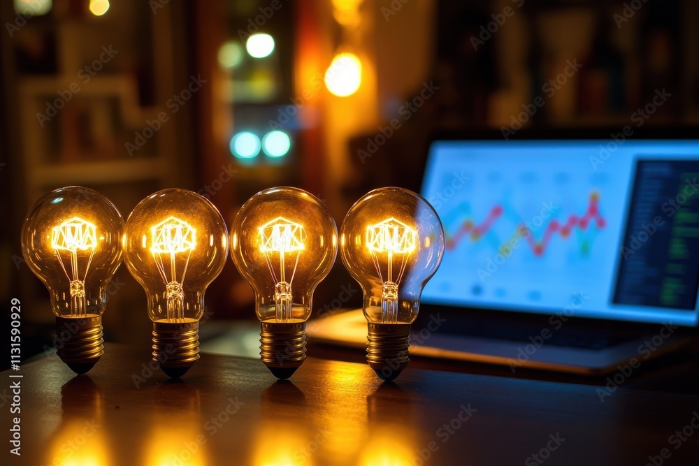 Poster a beautifully arranged set of light bulbs glows warmly in the foreground, while a laptop displays co