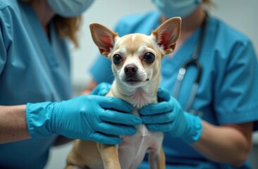 Chihuahua at the vet during a medical checkup by a veterinarian in a clinic
