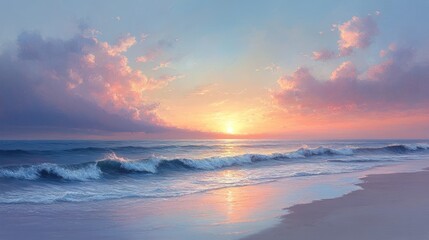 Serene sunset, ocean waves, sandy beach.
