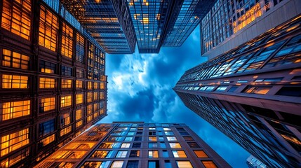 City Buildings at Dusk Illuminating Windows