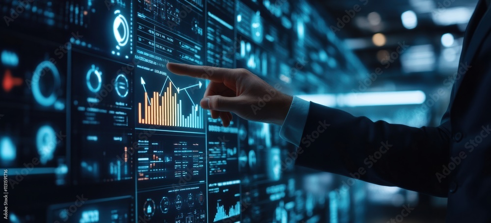 Poster A professional analyzes advanced data analytics on a digital interface, highlighting key performance metrics and trends essential for strategic decisionmaking and business planning