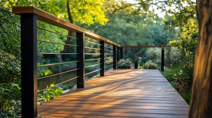 Fototapeta premium Wooden deck path with metal railing in garden.