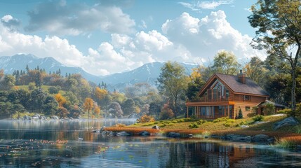 Obraz premium Cozy rustic cabin nestled on the shores of a tranquil mountain lake surrounded by lush autumn foliage and towering peaks in the distance Peaceful scenic outdoor landscape with a serene
