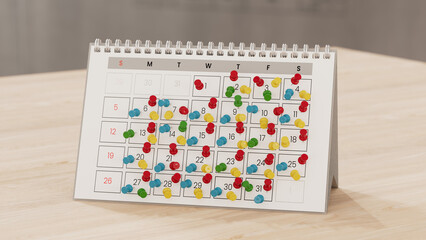 Calendar with lots of push pins, overbooked, fully booked concept
