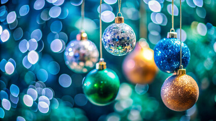 Christmas balls with glitter hanging on a branch out of focus background with bokeh lights