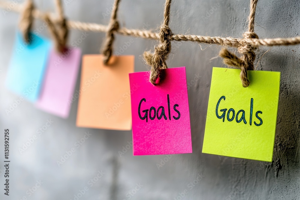 Poster A lively display of colorful sticky notes, creatively suspended with twine, highlights key themes of goal setting, motivation, and the journey of selfimprovement and personal growth