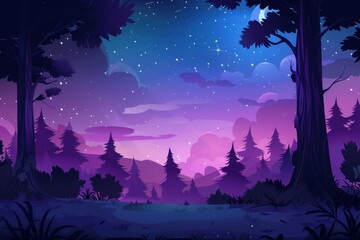Nighttime Forest with a Purple Gradient Sky and Silhouetted Trees