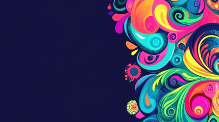 Vibrant colorful abstract swirls and shapes on dark background.