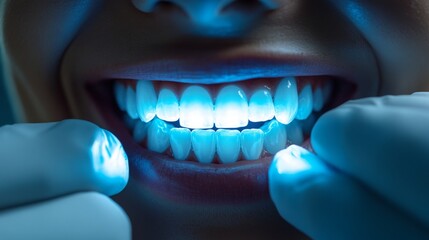 A patient undergoes a dental treatment using advanced laser technology, showcasing a bright smile illuminated by a blue light. The dentist wears gloves while carefully administering the procedure.
