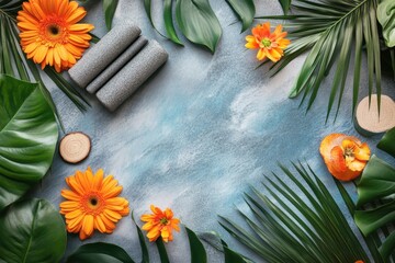 Vibrant arrangement of flowers and weights surrounded by lush greenery on a textured backdrop