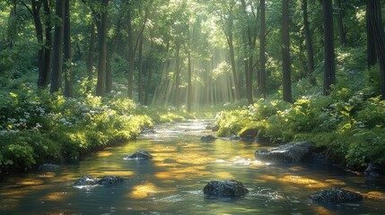Fototapeta premium Sunlit stream flows through lush green forest.