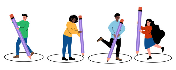 Fototapeta premium People engaged in creative activities with oversized pencils in a playful setting