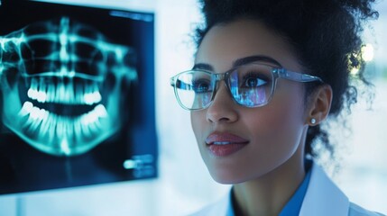 A dentist examines a digital X-ray on a screen in a modern dental clinic. The professional is focused and thoughtful, utilizing advanced technology to enhance patient care and diagnostics.
