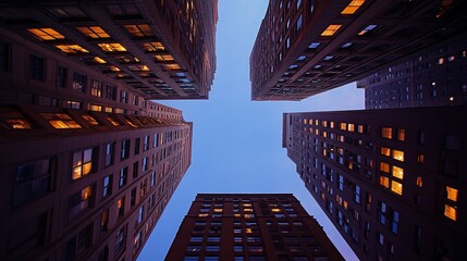 Illuminated City Buildings at Twilight Reaching for the Sky