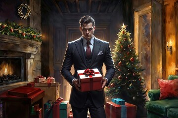man in suit holding gift box on christmas room background	