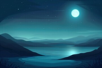 Fototapeta premium A tranquil night scene with a full moon illuminating a calm lake and mountains