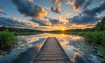 Wooden pier extending into calm lake with water reflecting dramatic clouds at sunset. Nature...